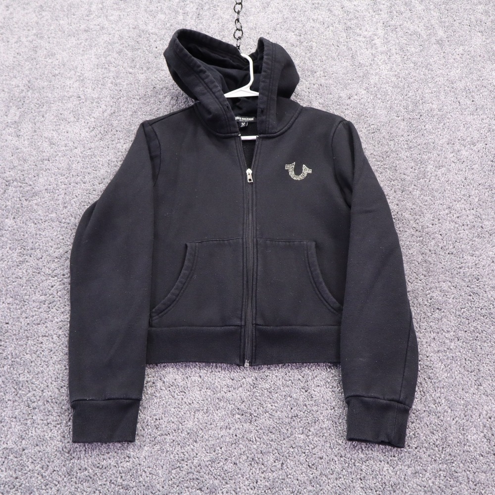 True Religion Hoodie Womens Medium Black Rhinestone Logo Full Zip Sweatshirt